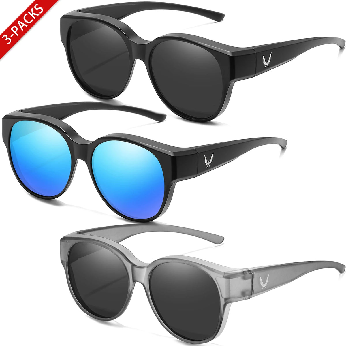 Three pairs of round UV400 sunglasses for men and women shown in black, blue, and gray.