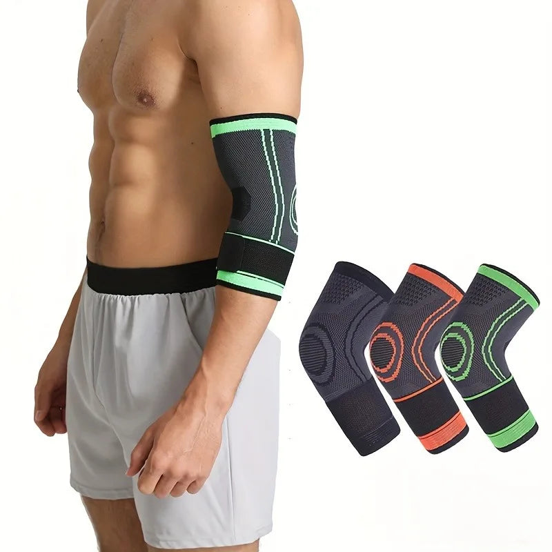 A person wearing a black elbow protector sleeve with neon green trim on their arm.