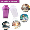 A purple portable protein shaker bottle shown next to various lifestyle icons like fitness, travel, office, and driving.