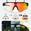Photochromic sports sunglasses shown in various light conditions and mounted on a car windshield.
