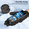 Black thermal windproof outdoor gloves with a non-slip design shown on a hand wearing a smartphone.