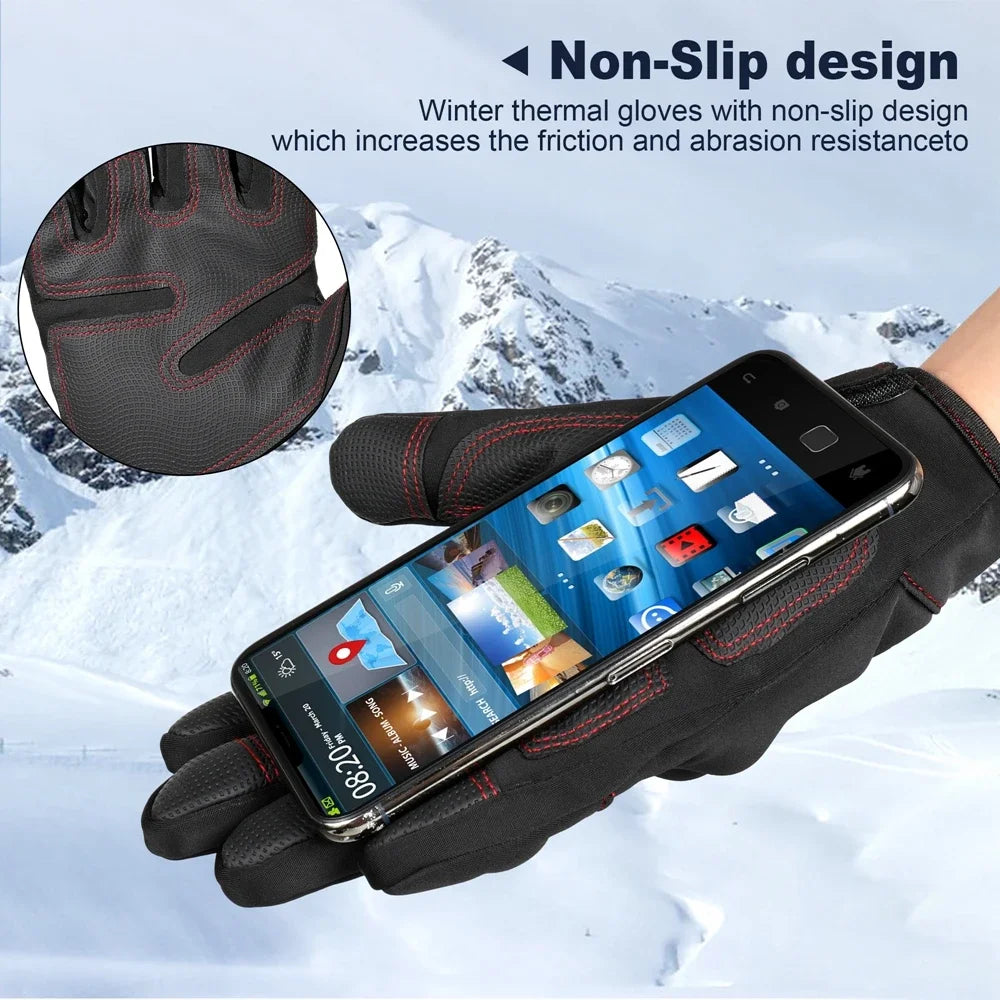 Black thermal windproof outdoor gloves with a non-slip design shown on a hand wearing a smartphone.