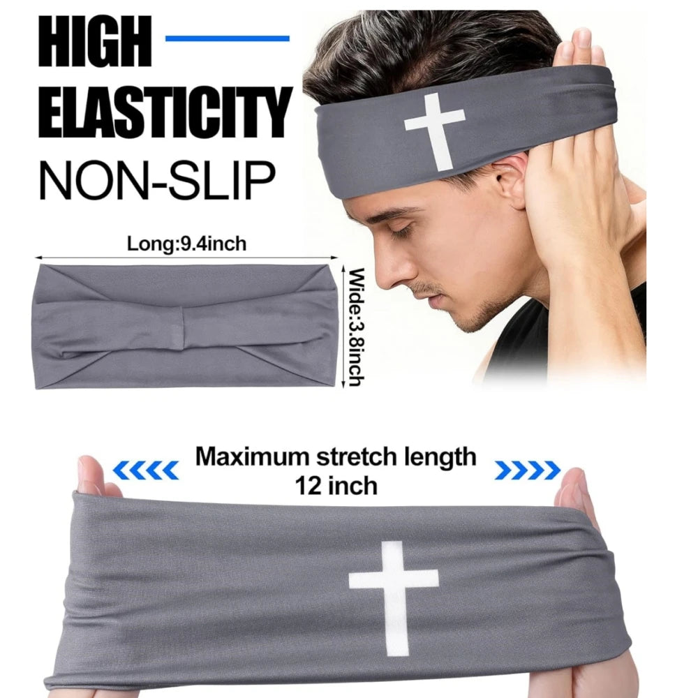 Gray non-slip athletic sweat headband with a white cross design shown on a man's head and hand.