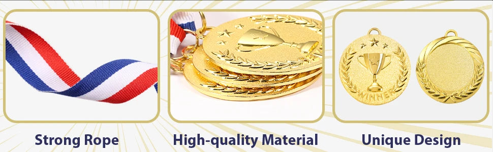 A set of gold, silver, and bronze award medals with ribbons showcasing high-quality material and unique designs.