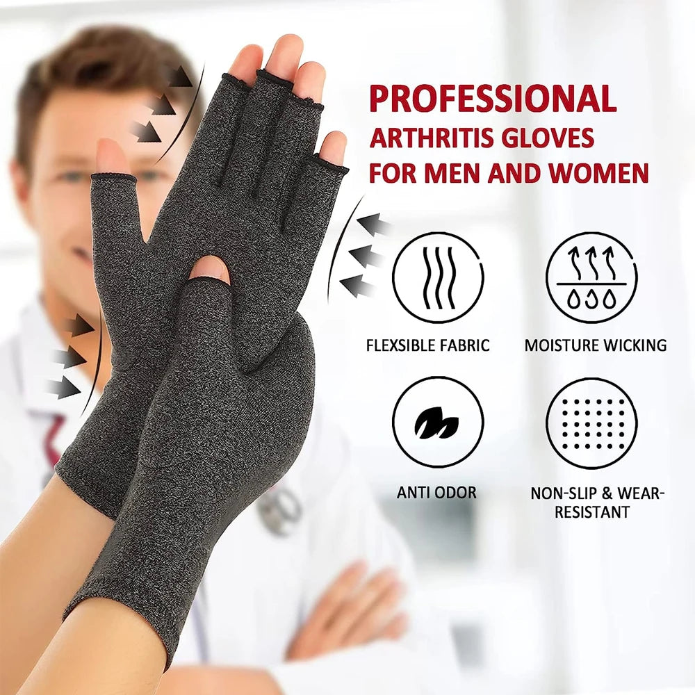 A pair of gray arthritis gloves being worn by a man, highlighting features like flexible fabric and moisture wicking.