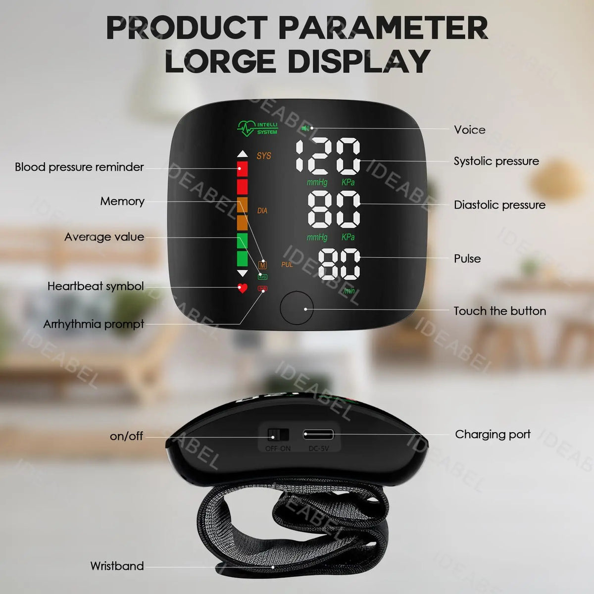 A black digital wrist blood pressure monitor display showing blood pressure readings and a wristband.