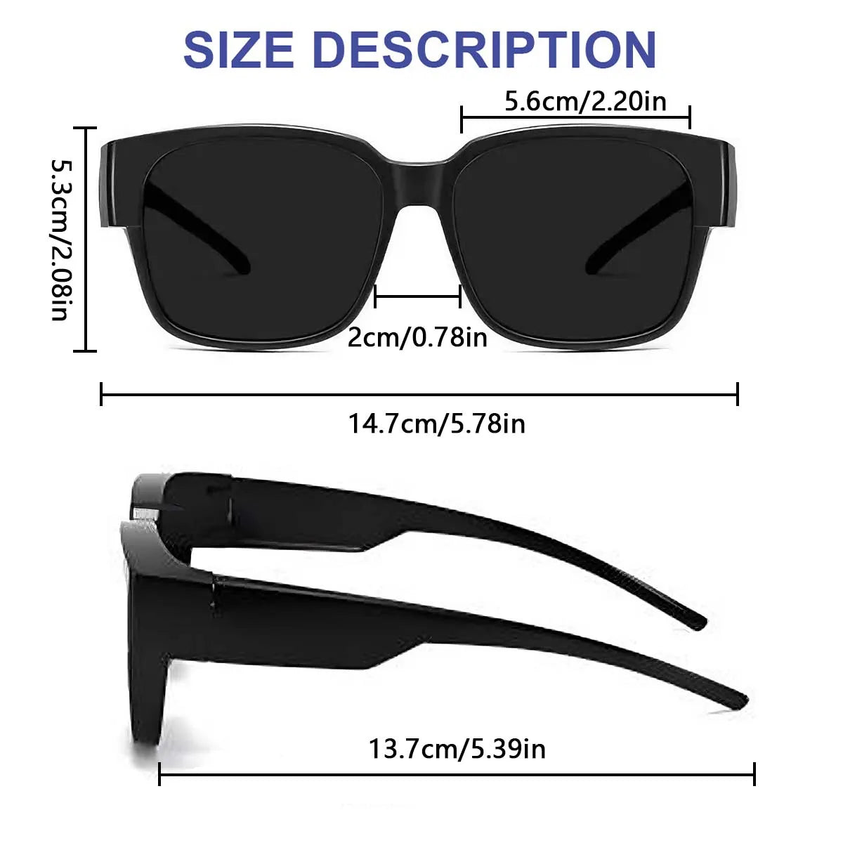 A pair of black oversized sunglasses shown from the front and side view.