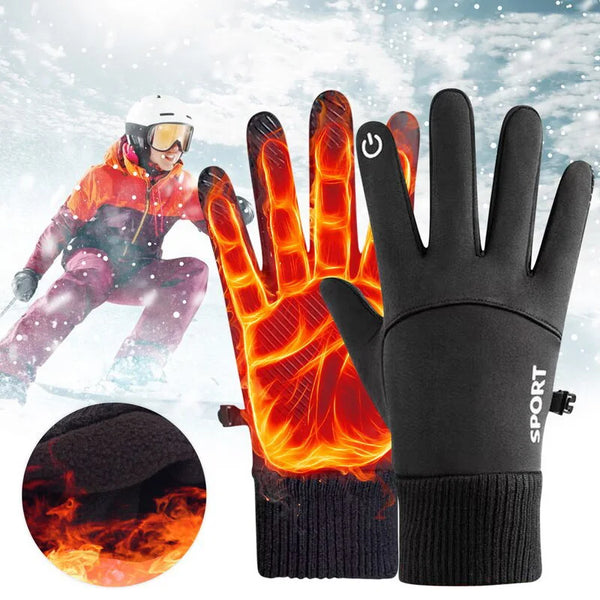 A pair of black cycling gloves with orange flame accents is shown next to a person wearing similar gear in a snowy outdoor se