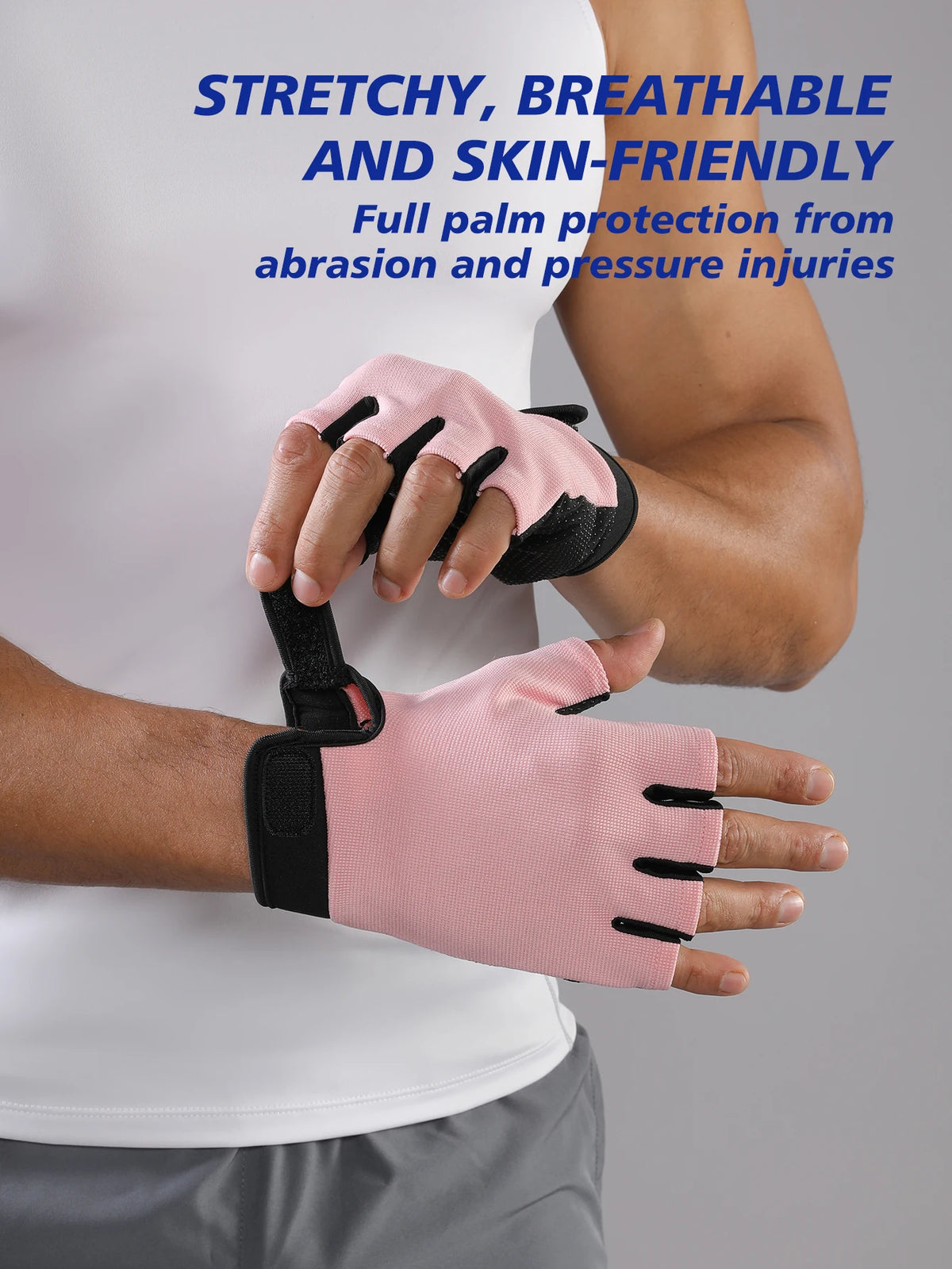 Eine Hand trägt einen pink-schwarzen elastischen Sportschuhhandschuh zum Schutz vor Abrieb.