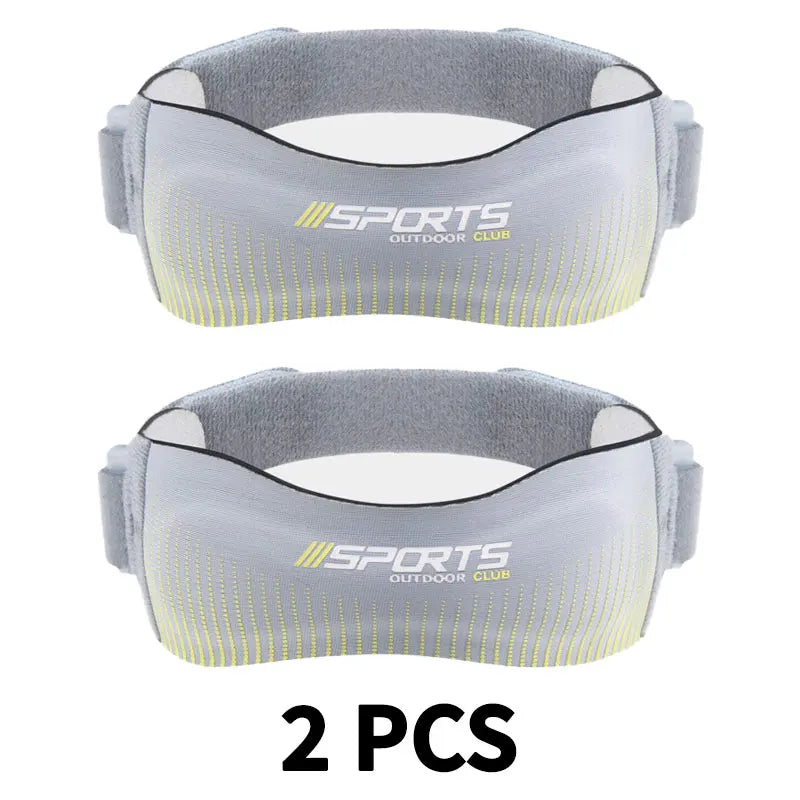 Two gray adjustable knee straps with yellow stitching for tendon support