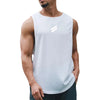 A man wearing a white men's quick-drying sleeveless sports tank top with a silver stripe logo.