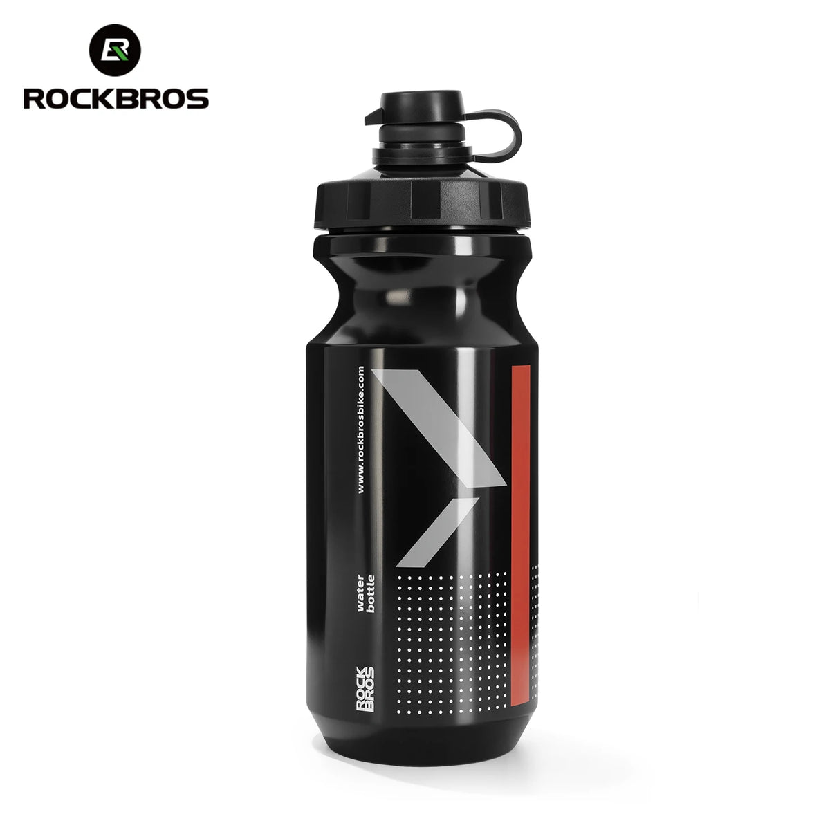 Botella de ciclismo negra y resistente con tapa negra y diseño en chevron blanco.
