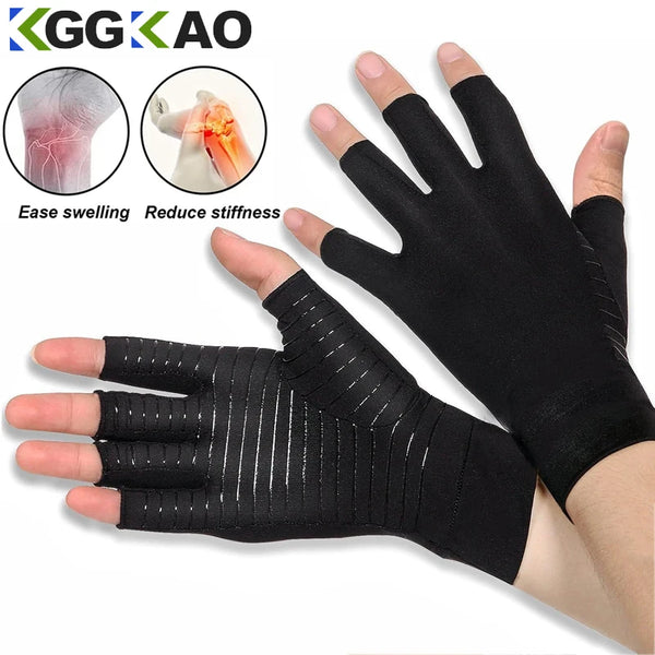 Black compression fingerless gloves for joint relief shown with swelling and stiffness reduction benefits