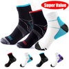 A variety of compression socks in black, white, and blue with arch support are displayed.