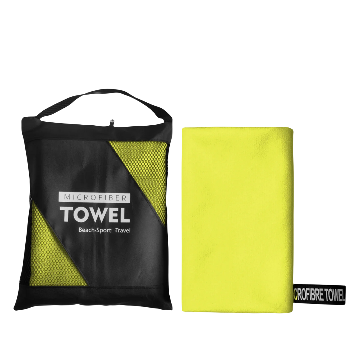A yellow microfiber towel is shown next to its black storage bag.