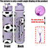 Front and back views of a purple water bottle with a soccer ball design, showing the product and a carry strap.