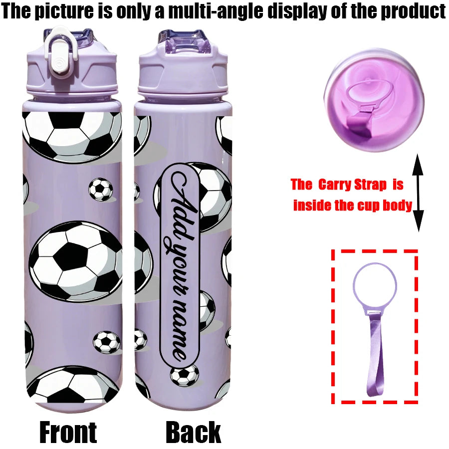Front and back views of a purple water bottle with a soccer ball design, showing the product and a carry strap.