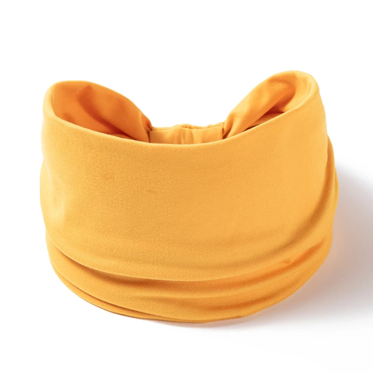 A mustard yellow boho wide headband hair wrap for women shown in a close-up view.