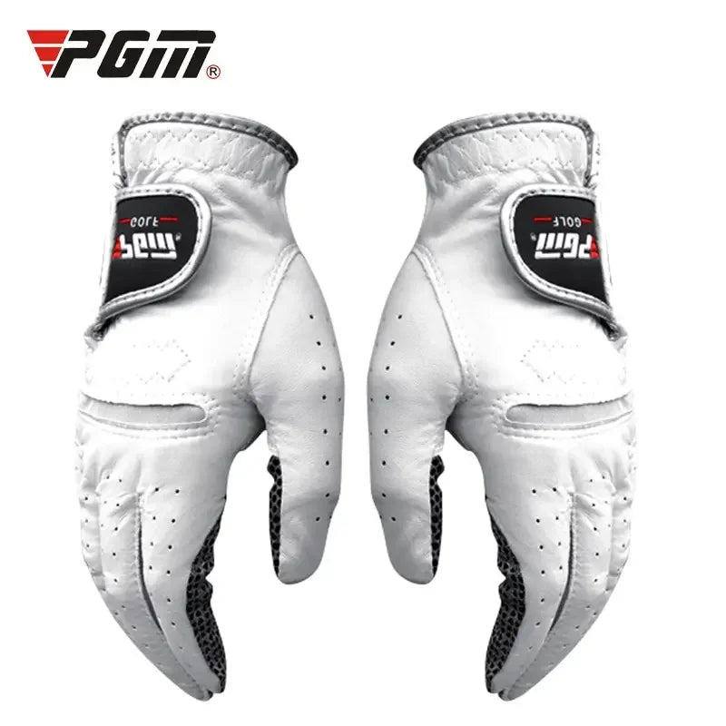 Pair of white premium breathable golf gloves for men shown from the back