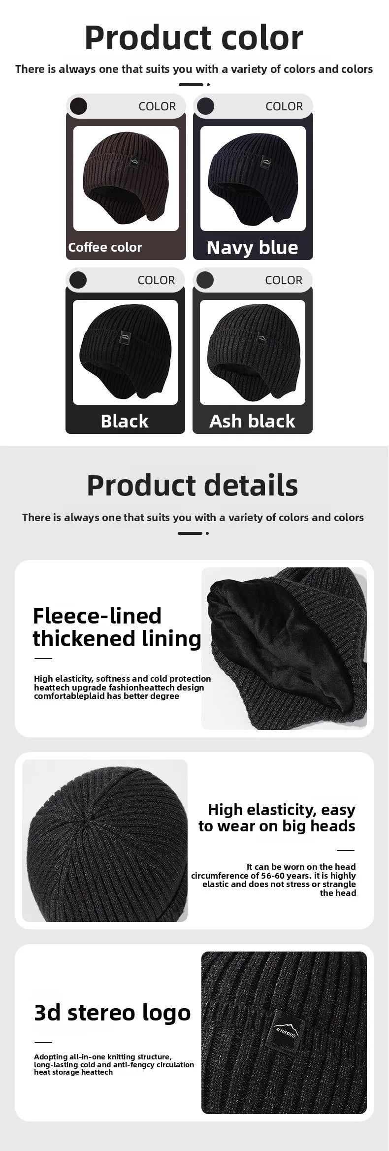 A variety of black knitted winter hats shown in coffee, navy blue, and ash black colors with details on lining and logo