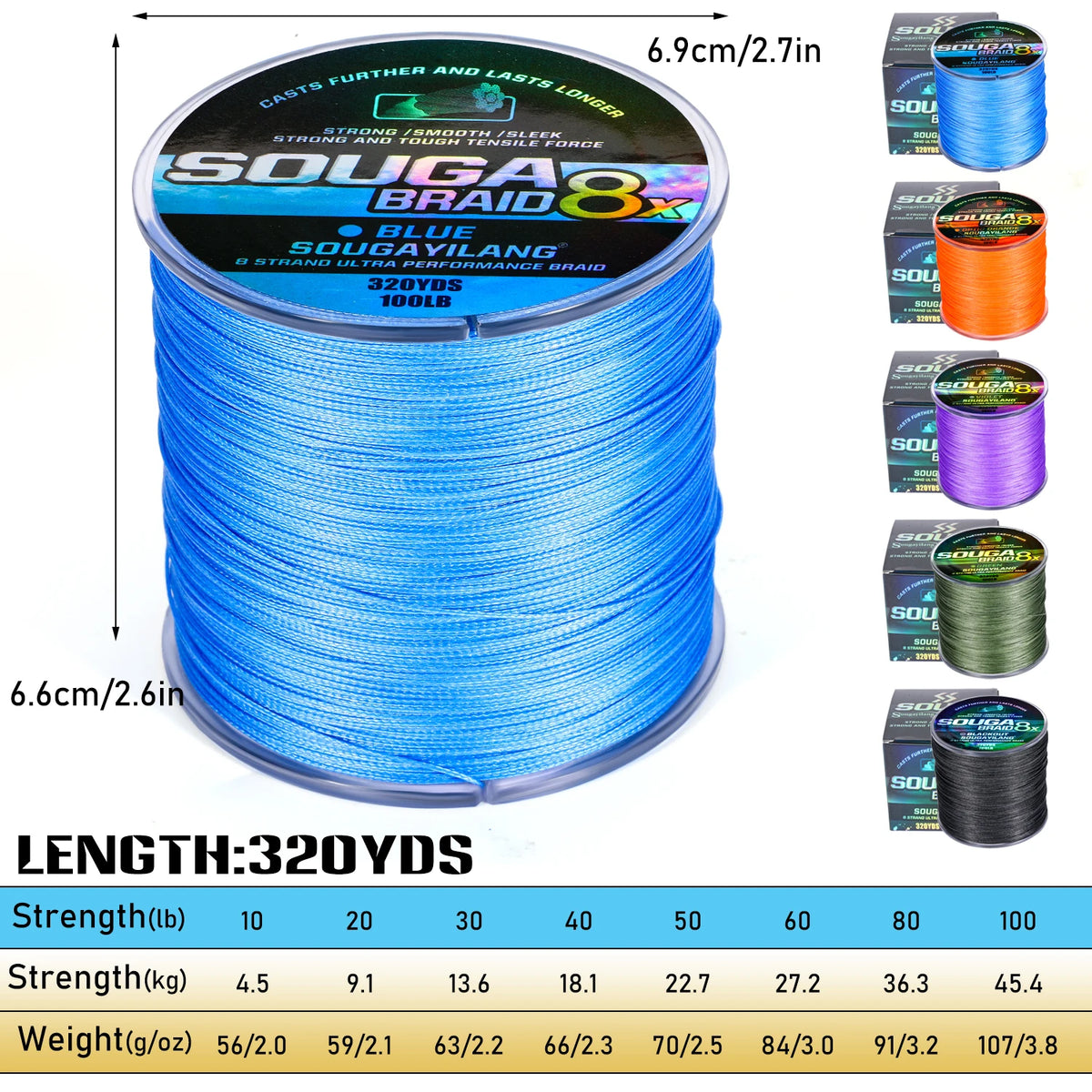 Spool of blue SOUGAILANG 8 strand ultra performance braid fishing line, 320 yards long.