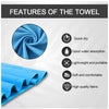 A blue microfiber towel is shown with features listed, including quick dry, good water absorption, lightweight design, and so