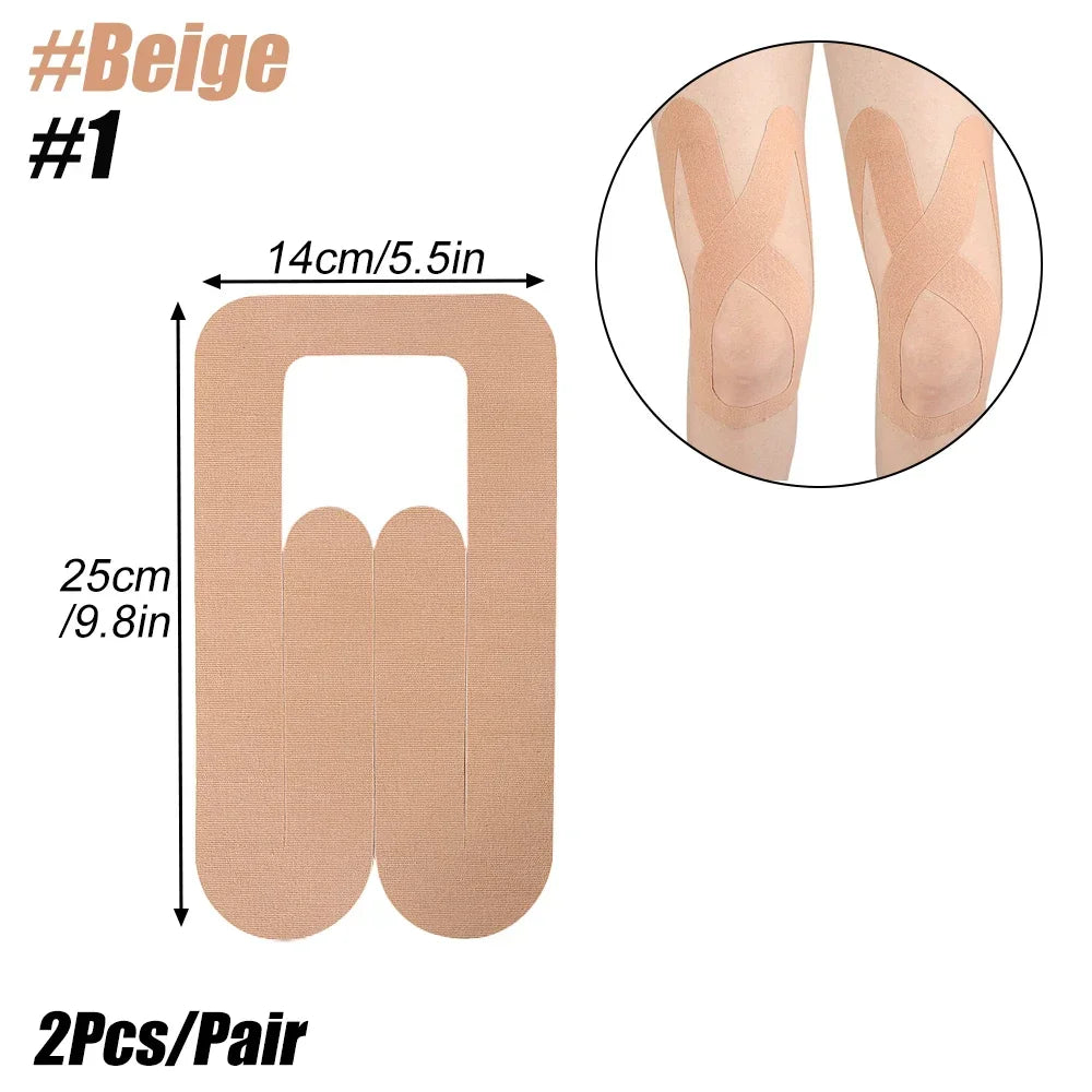 Pair of beige pre-cut kinesiology support tape for the foot, showing dimensions and usage.