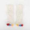 A pair of colorful five-finger yoga socks with a ribbed cuff and multicolored toe grips.