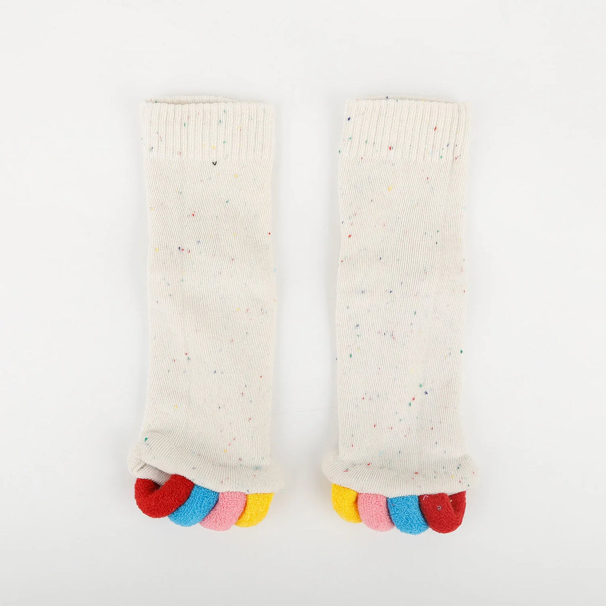 A pair of colorful five-finger yoga socks with a ribbed cuff and multicolored toe grips.