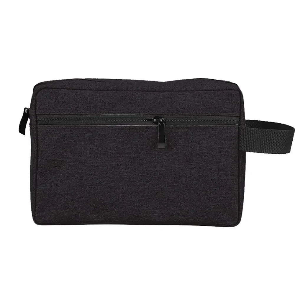 Black waterproof cosmetic and travel pouch with a zipper and strap