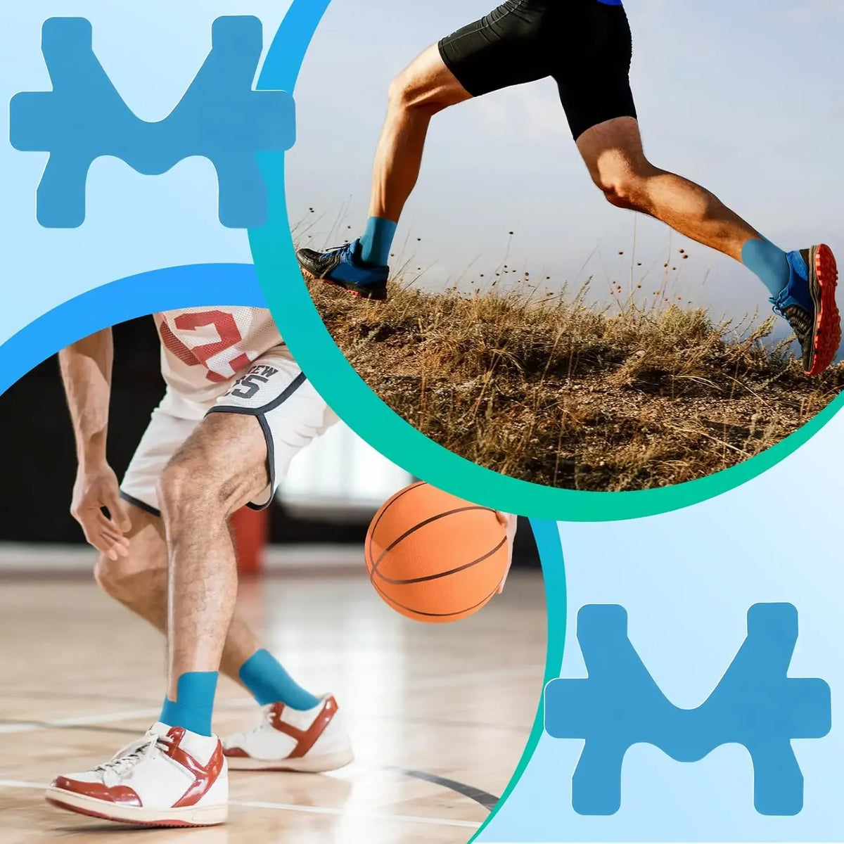 Ein Set blauer Kinesiotaping-Bänder, gezeigt bei einer Person, die draußen Basketball spielt.
