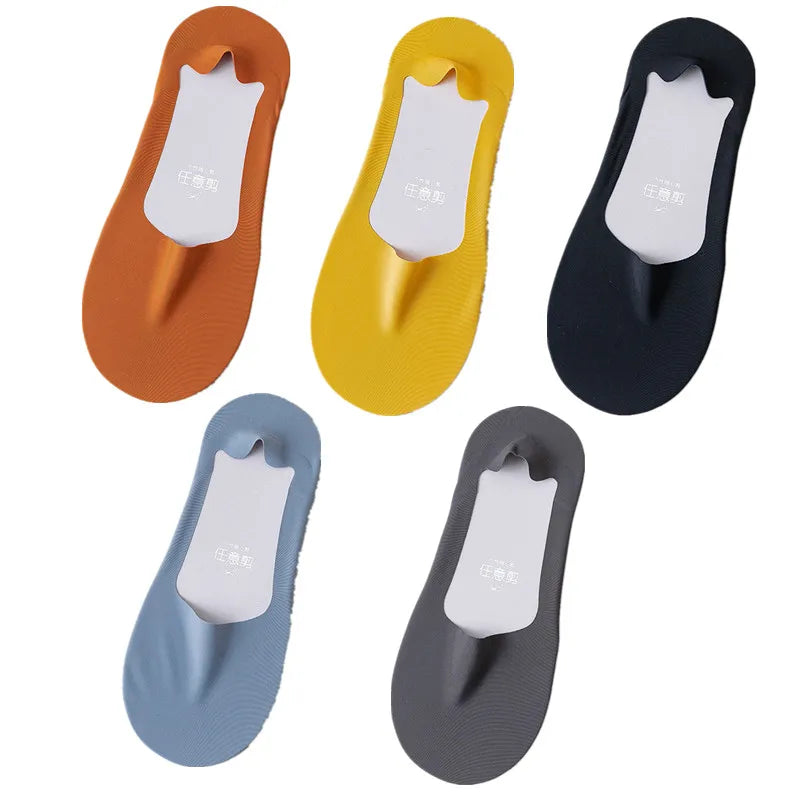 A set of five men's invisible boat socks in various colors including orange, yellow, black, and gray.