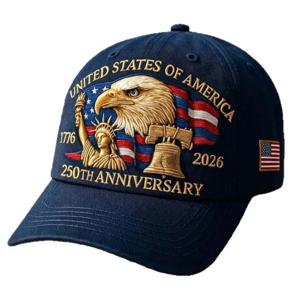 Dark blue baseball cap featuring a graphic design celebrating the 250th anniversary of the United States of America