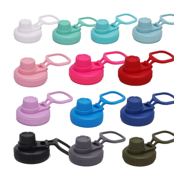 A collection of leakproof silicone lids in various colors including white, green, pink, red, purple, blue, black, and olive.