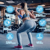 A woman demonstrates the use of kinesiology tape on her leg while exercising in a gym setting.