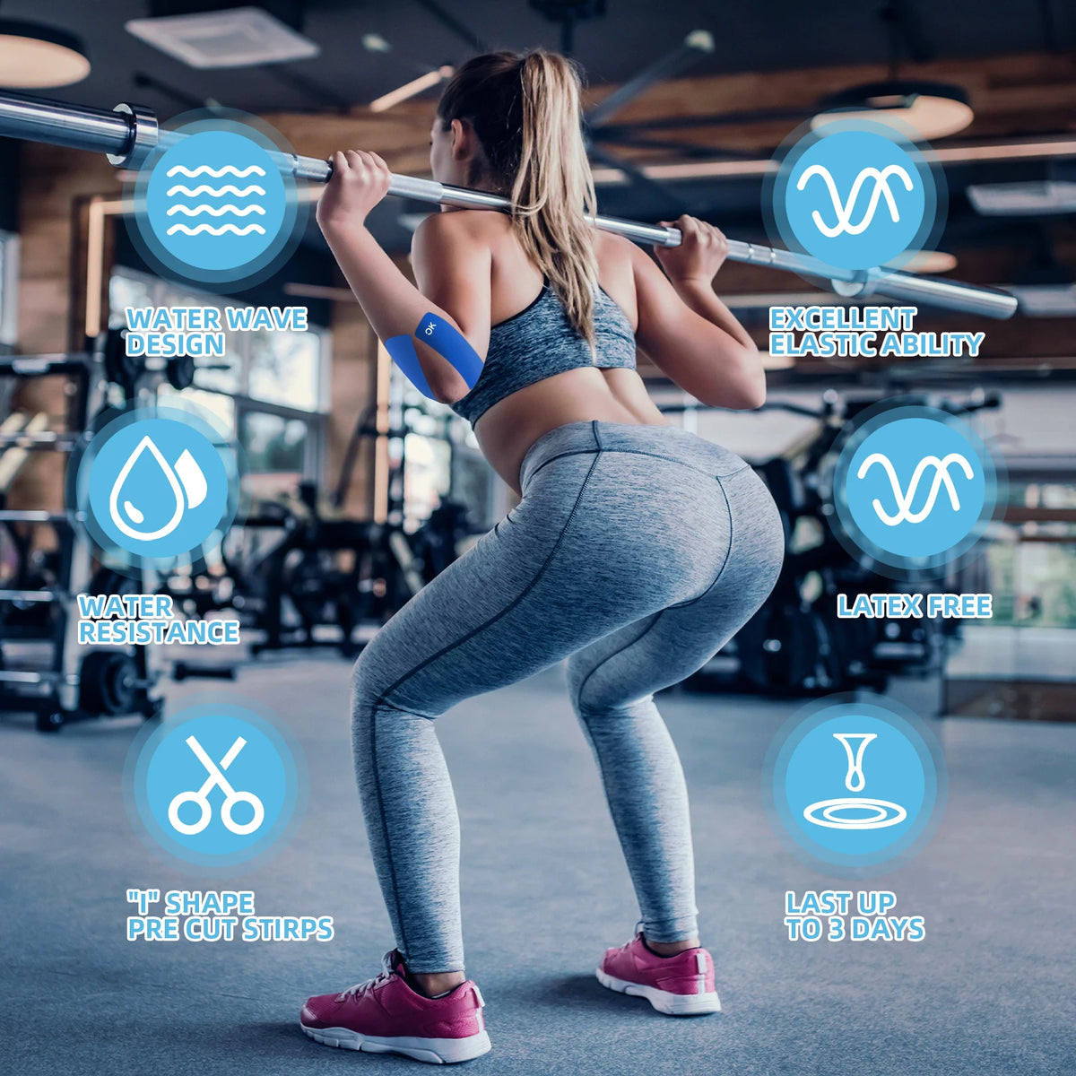 A woman demonstrates the use of kinesiology tape on her leg while exercising in a gym setting.