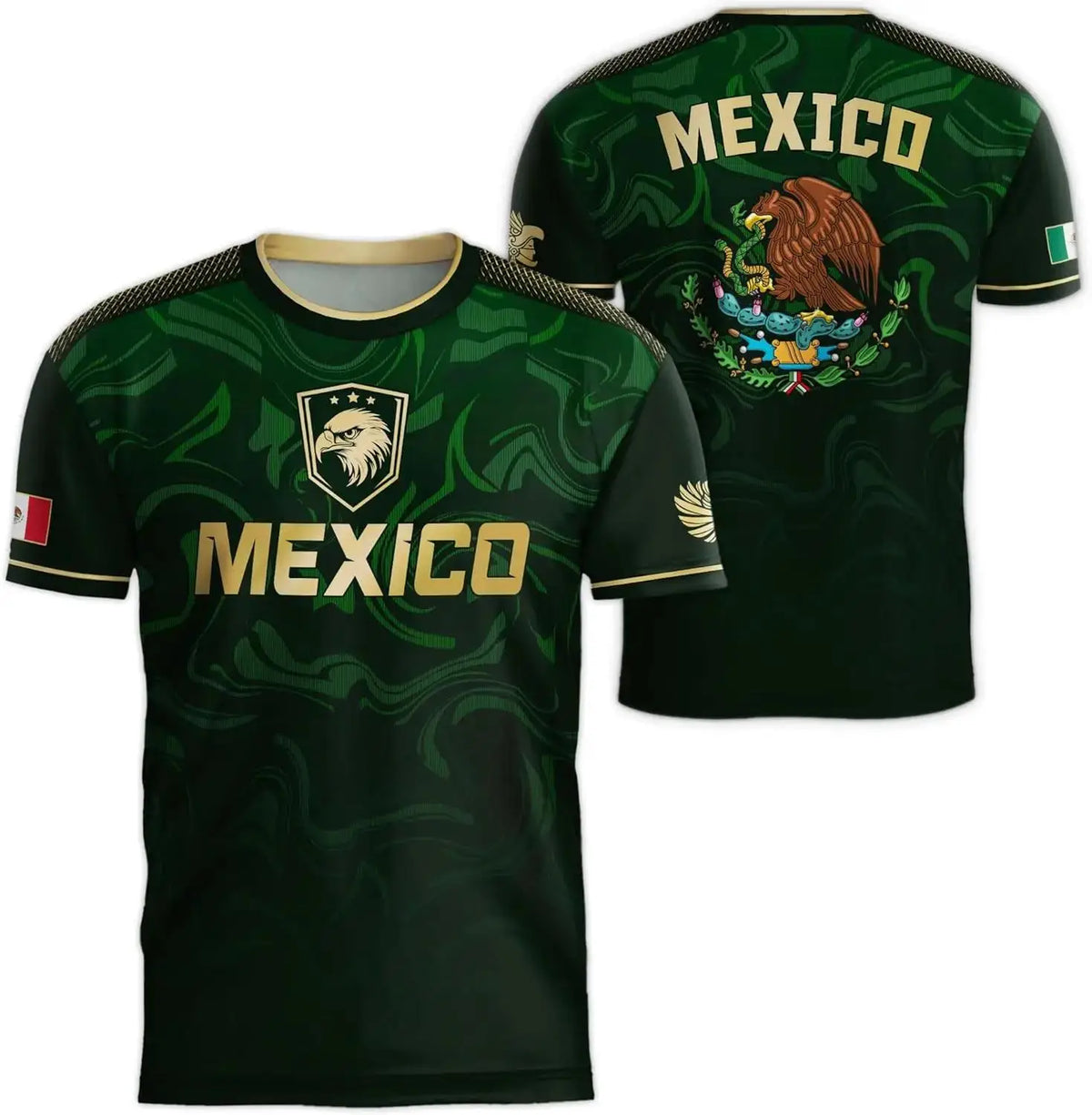 A dark green men's t-shirt featuring the Mexican flag design and national symbols.