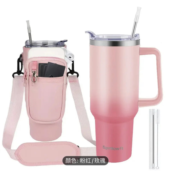 Termo de viaje de acero inoxidable rosa con tapa de sorbete de silicona y correa para llevar.