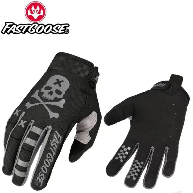 Black full-finger motocross and off-road cycling gloves with skull and crossbones design