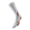 White athletic socks with orange and gray abstract patterns