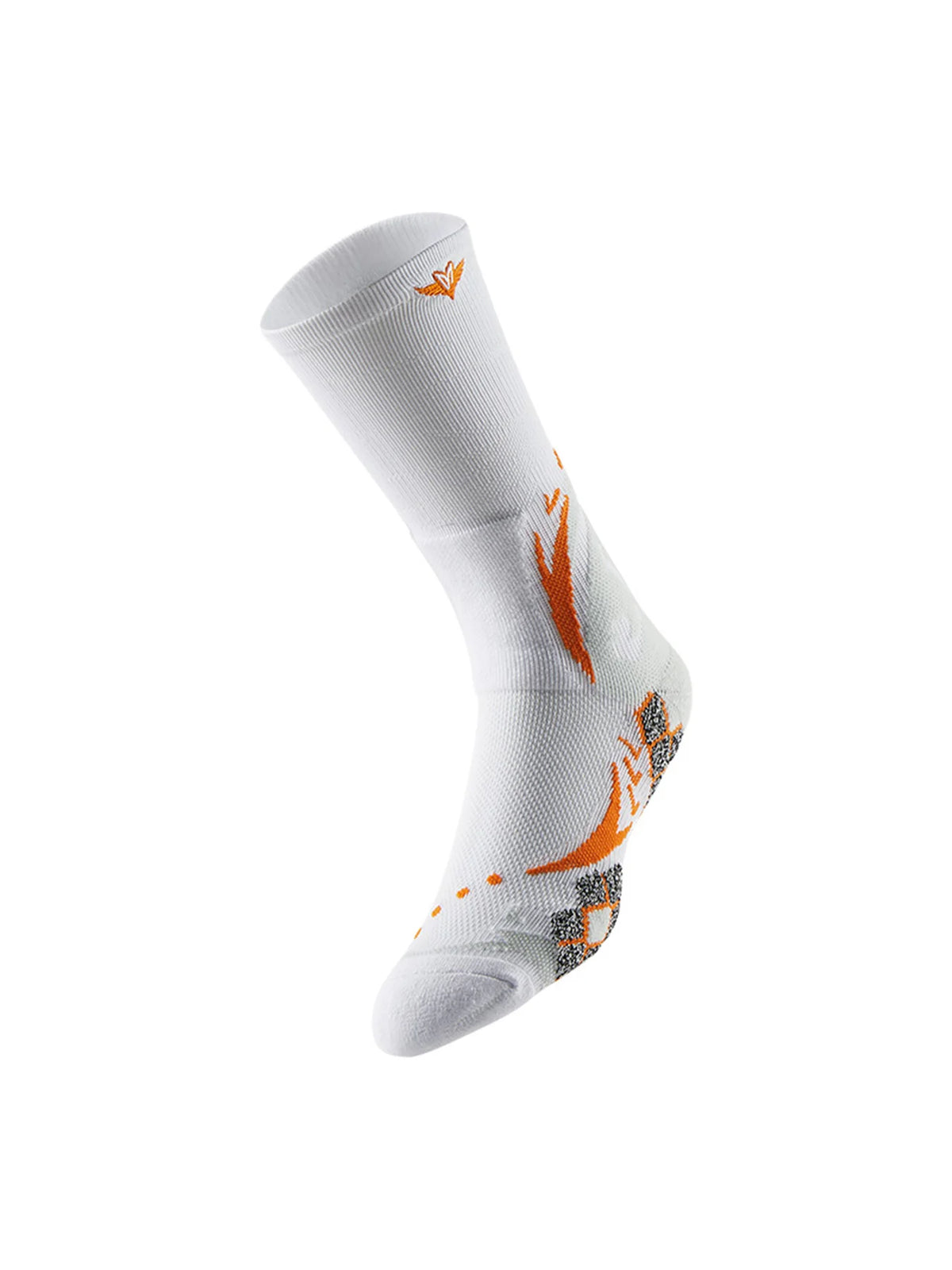White athletic socks with orange and gray abstract patterns