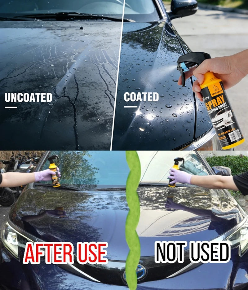 Comparison of uncoated and coated car finishes, showing before and after use of a spray kit.