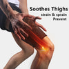 A hand is applying compression thigh sleeves to a person's knee area for muscle and joint support.