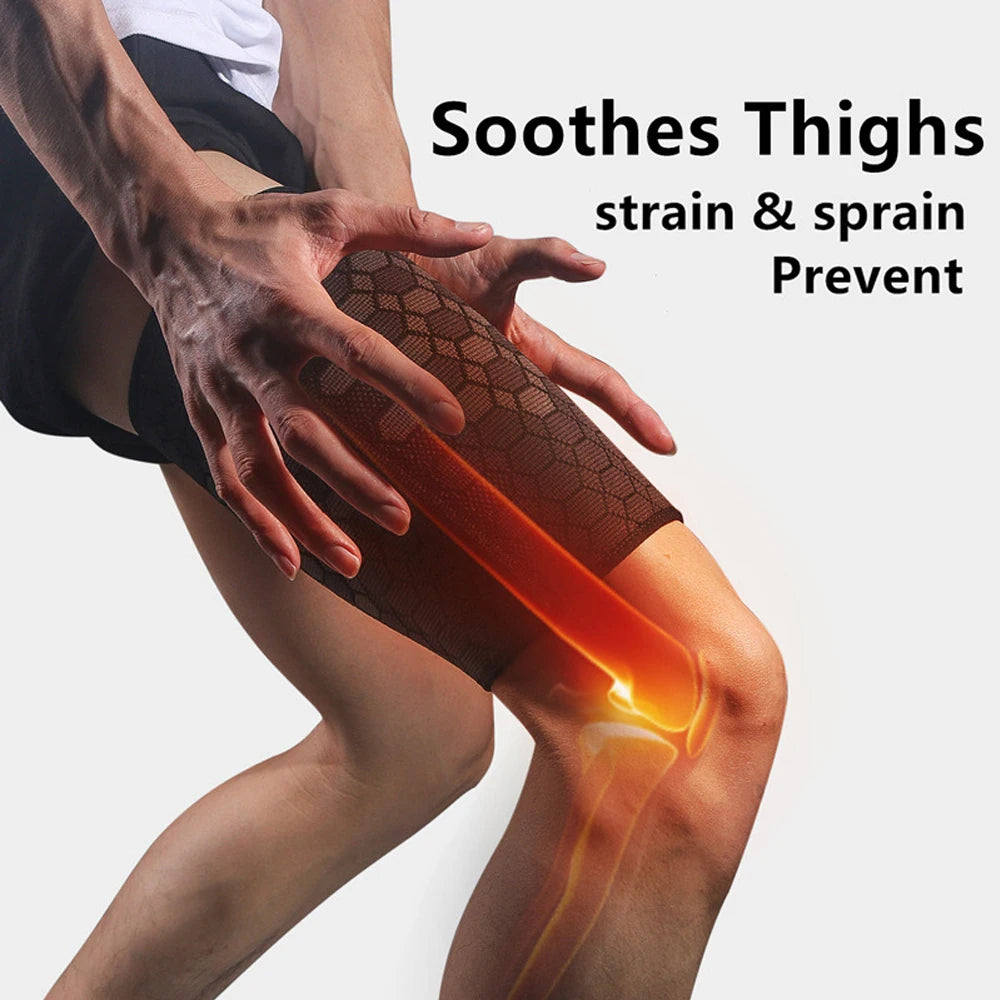 A hand is applying compression thigh sleeves to a person's knee area for muscle and joint support.