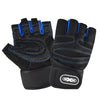 Une paire de gants de sport noirs avec des accents bleus, vue de dessus.