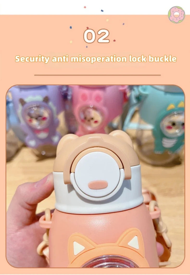A close-up of a light orange cartoon animal water bottle with a white lid and pink accents.
