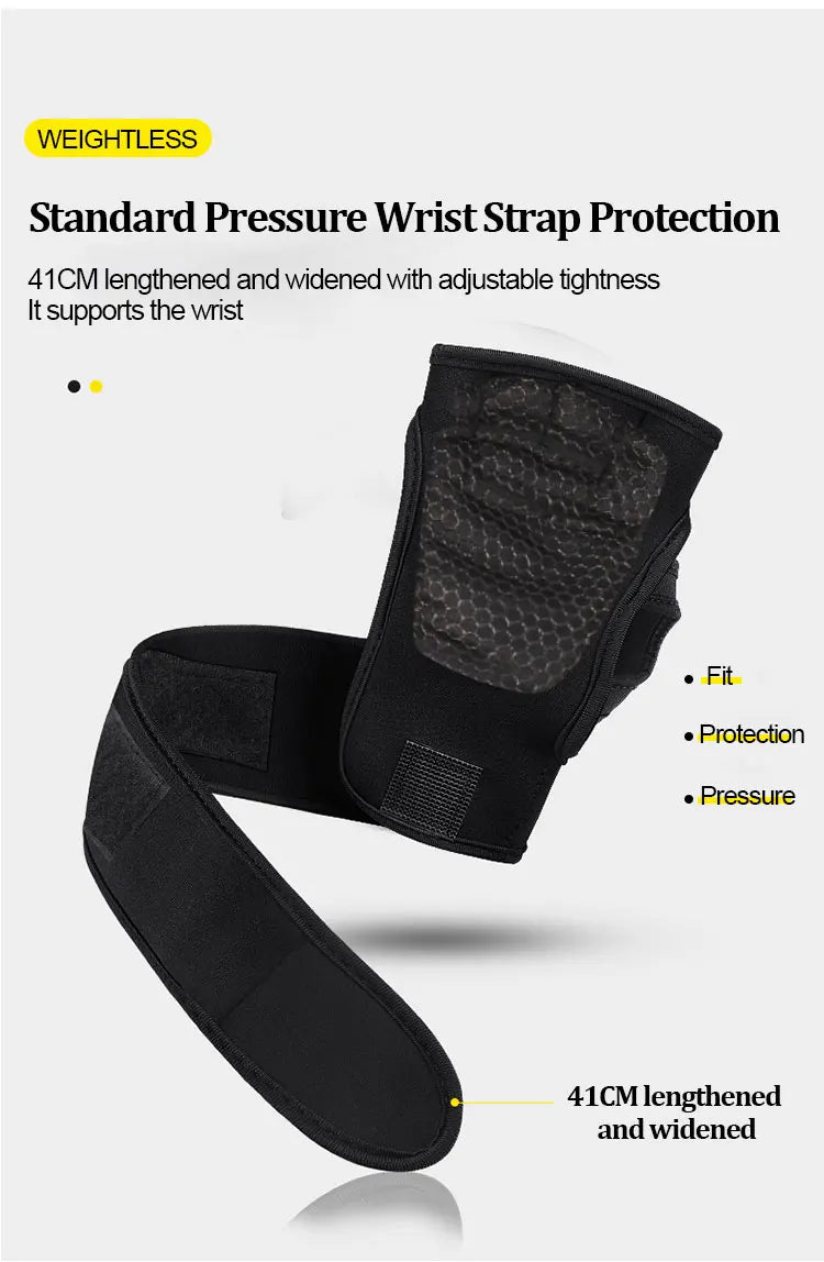 Black wrist strap protection for strength training, showing the 41cm lengthened and widened design.