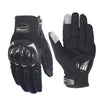 A pair of black durable full finger motorcycle riding gloves shown against a white background.
