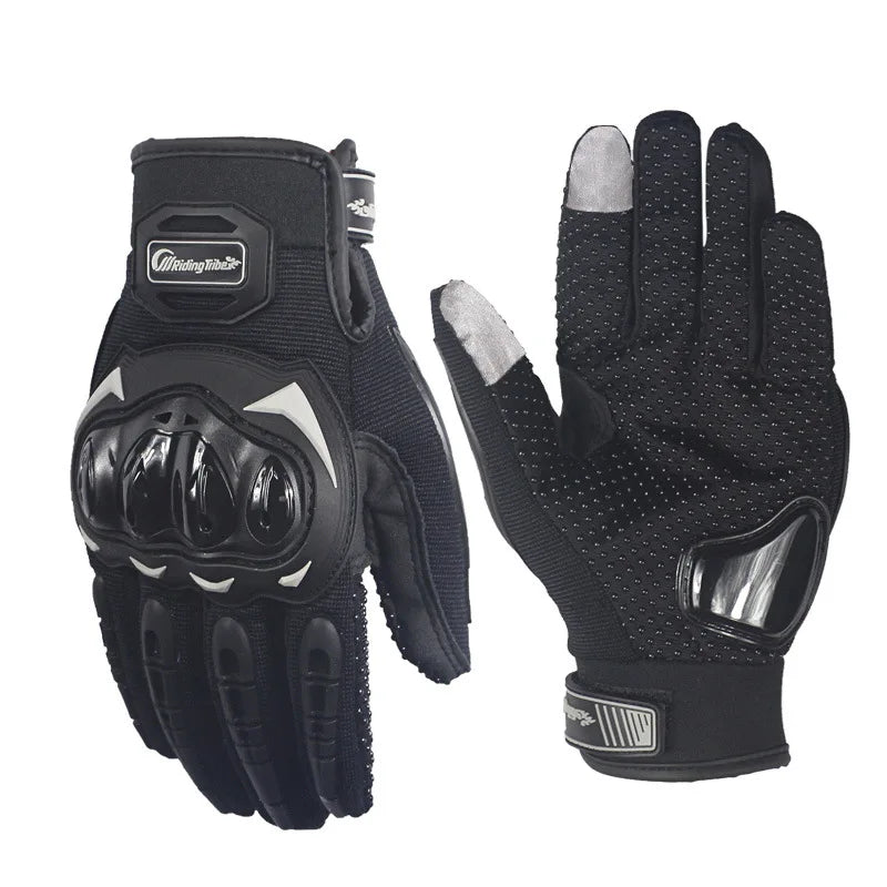 A pair of black durable full finger motorcycle riding gloves shown against a white background.
