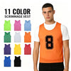 A male model wearing an orange scrimmage vest with the number 8, displayed alongside eleven colored vests.